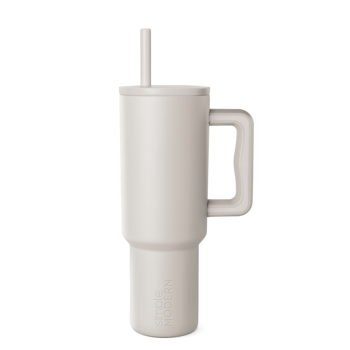 Beige signature tumbler with handle and straw on neutral background