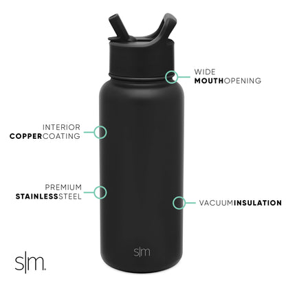 Deep matte black water bottle with charcoal finish, featuring a black cap, body, and handle area with contrasting soft accents.