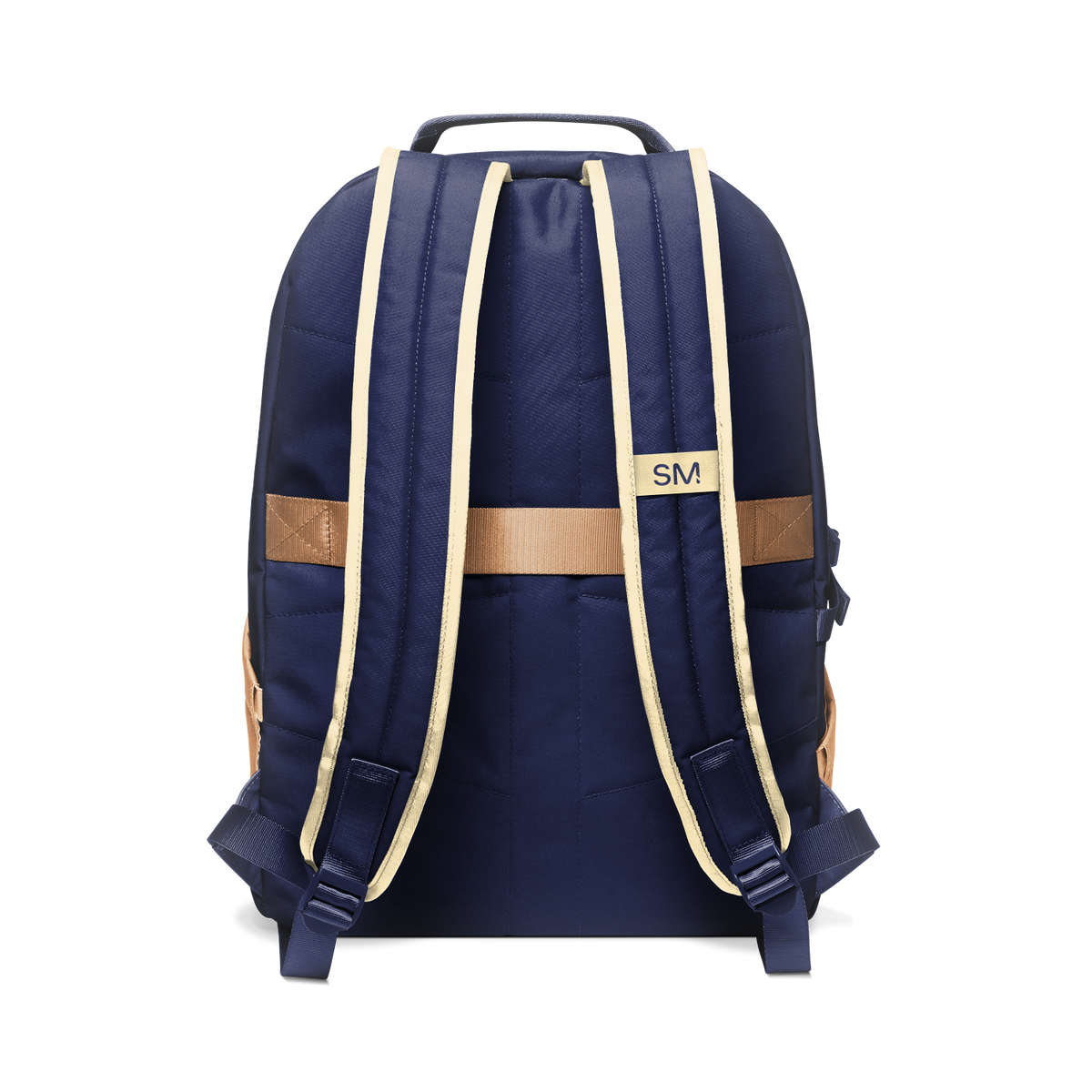 Navy blue backpack with tan and cream shoulder straps and handles