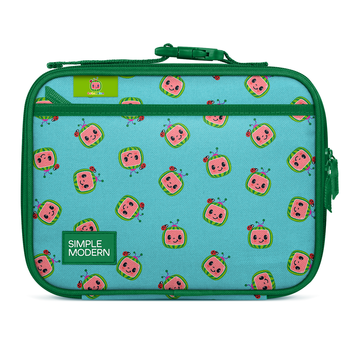 Turquoise lunch bag with forest green trim, border, and handles