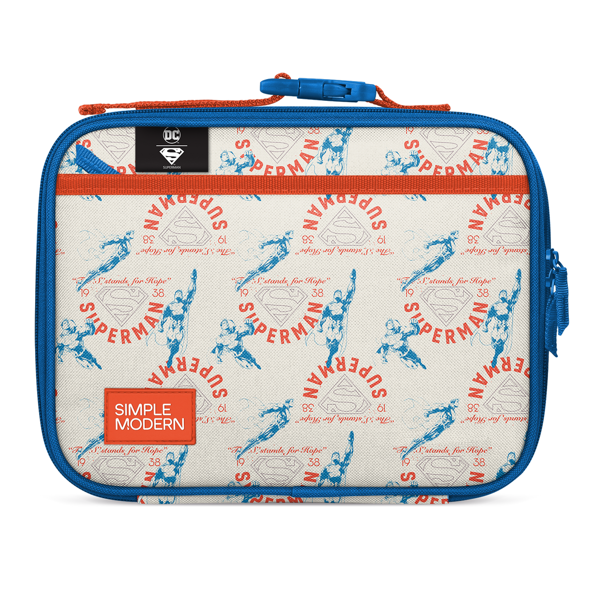Blue and red-orange hard case with cream zipper pull and off-white accents. Bright royal blue forms the outer border with vibrant red-orange details.