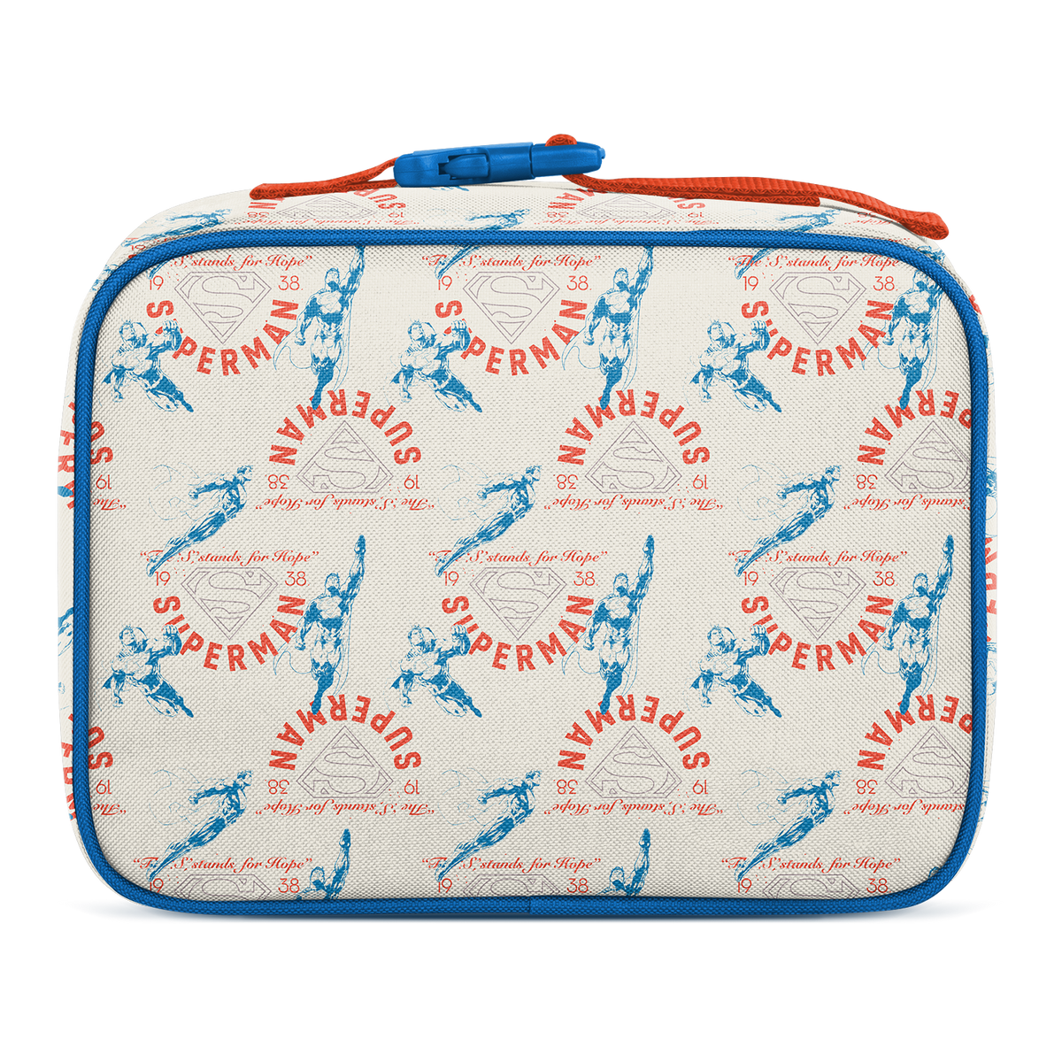 Cream lunch box with bright blue trim and zippers, featuring red and coral text and graphics