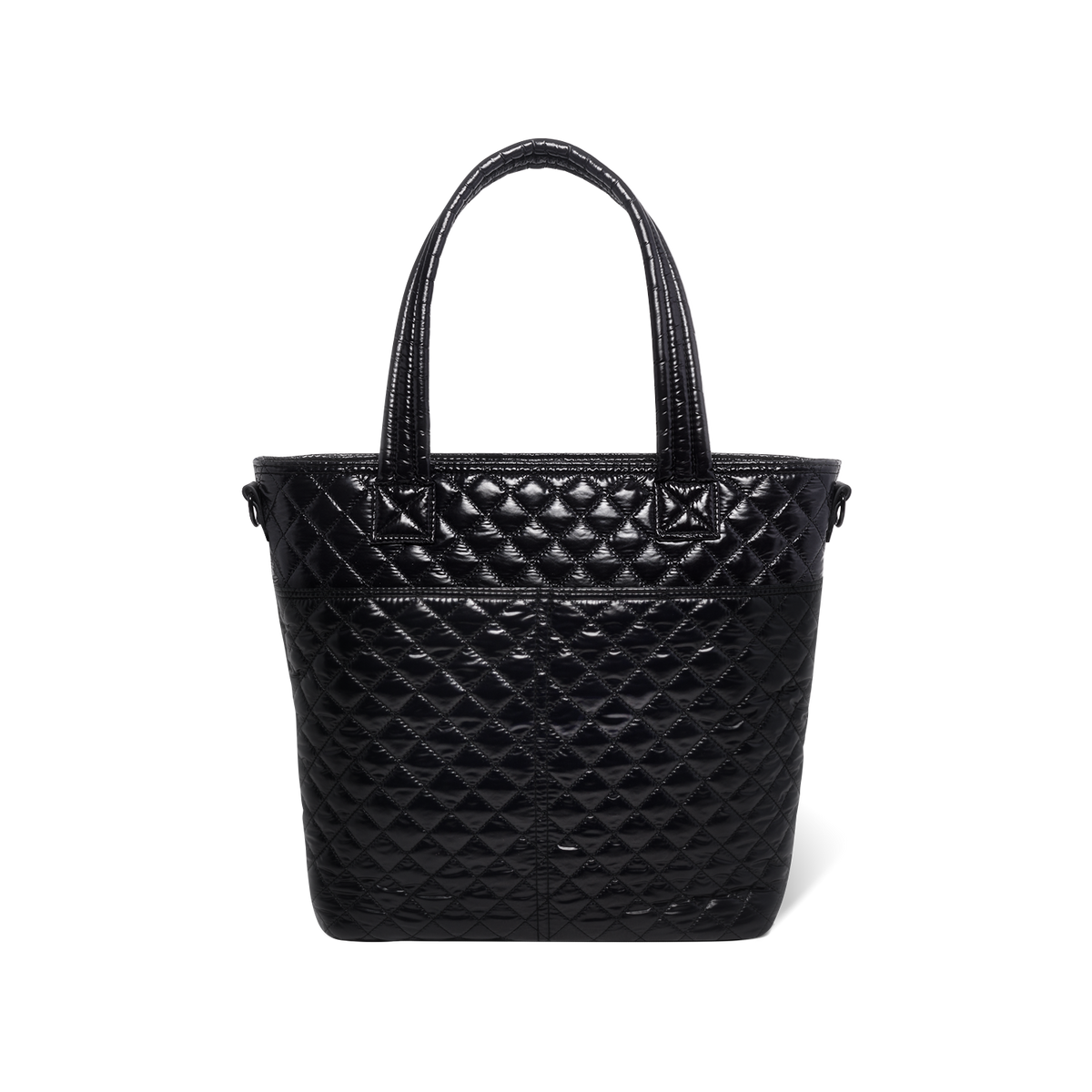 Black quilted tote bag with handles shown from back view against white background