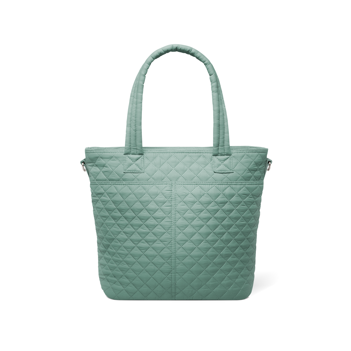 Soft sage green muted celadon tote bag displayed from back view against white background