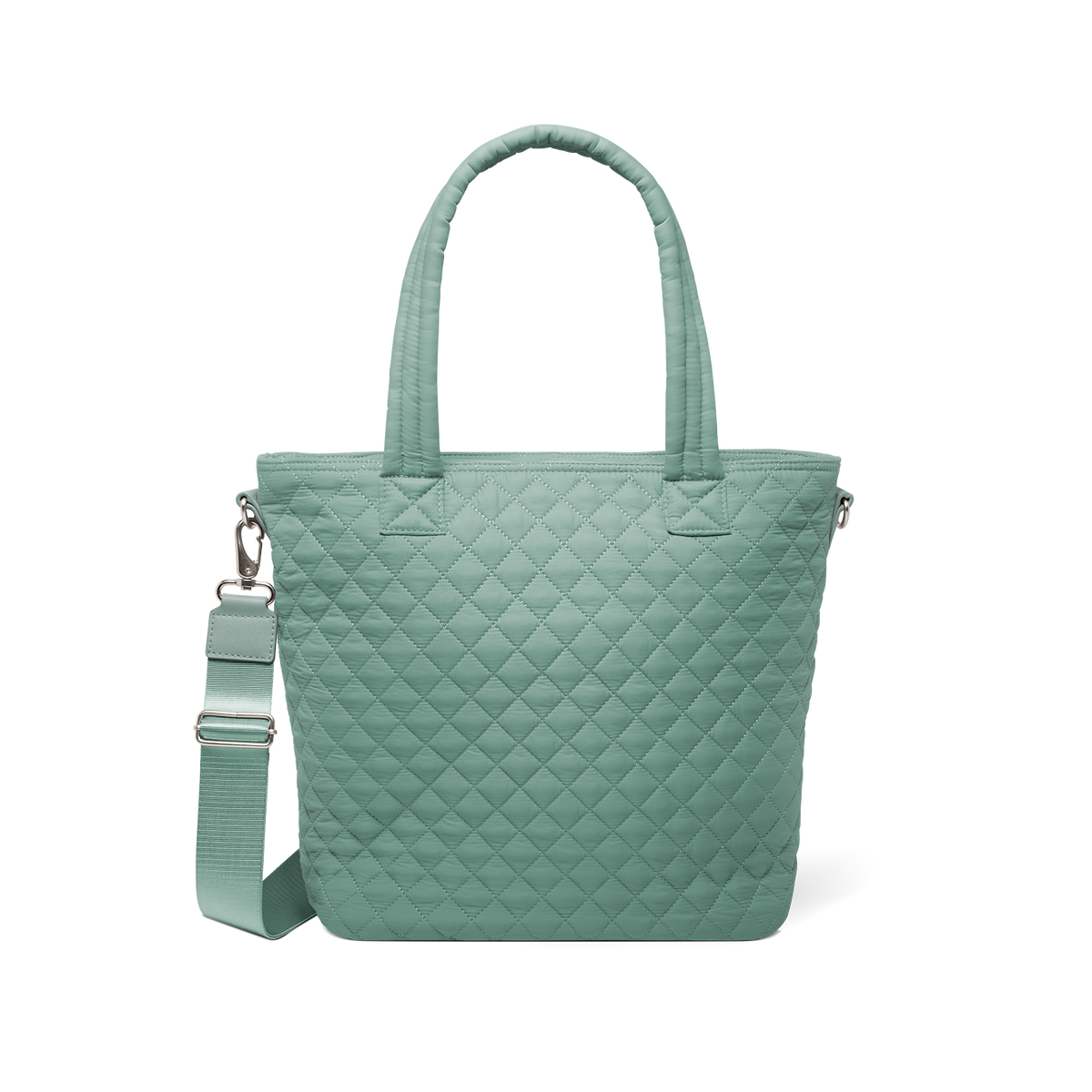 Sage green quilted tote bag with dual handles and detachable shoulder strap, front view