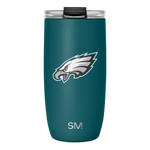 Teal stainless steel tumbler with black matte lid, white and gray logo branding
