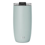 Sage green insulated tumbler with black lid and rim, featuring clear plastic windows showing interior, isolated on white background.