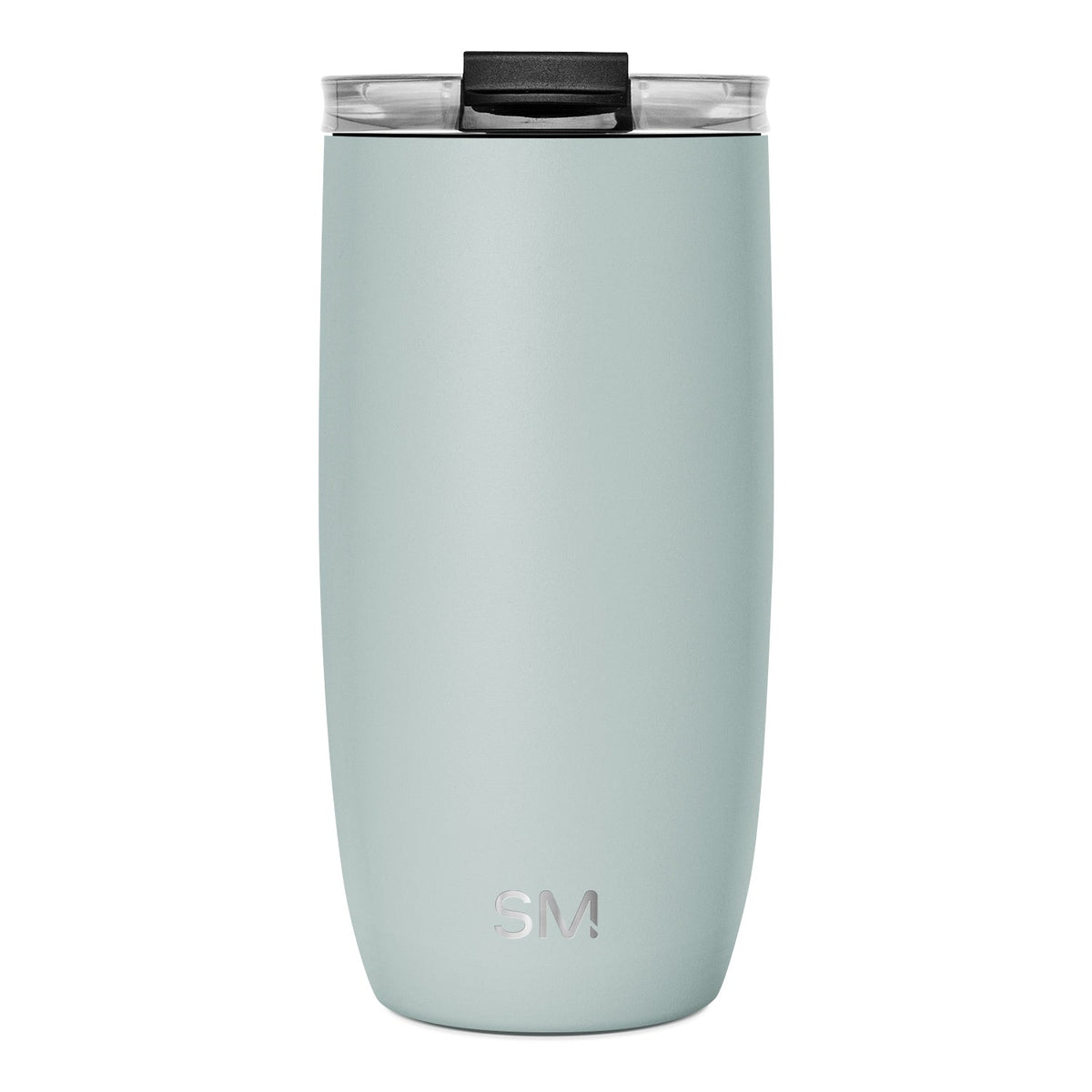 Sage green insulated tumbler with black lid and rim, featuring clear plastic windows showing interior, isolated on white background.