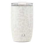 Cream-colored tumbler with soft gray and beige leopard print pattern and clear translucent lid