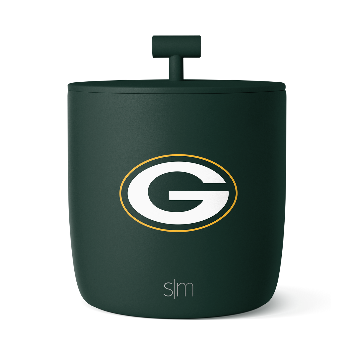 Dark forest green cylindrical container with white and golden yellow accents and text labeling