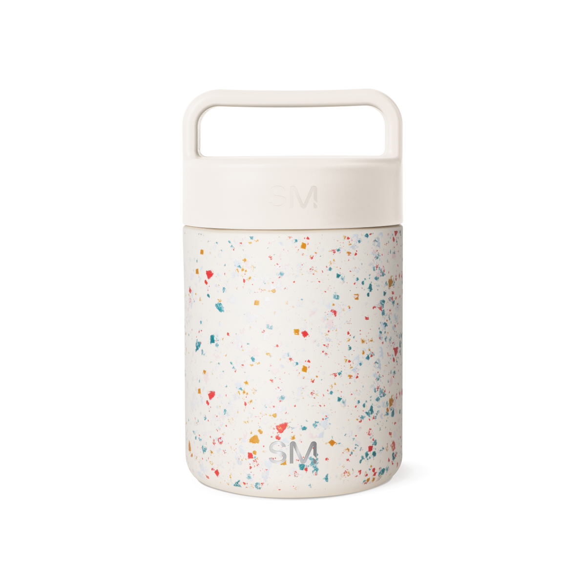 Cream-colored cylindrical container with terrazzo-patterned lower section featuring multicolored speckles on neutral background