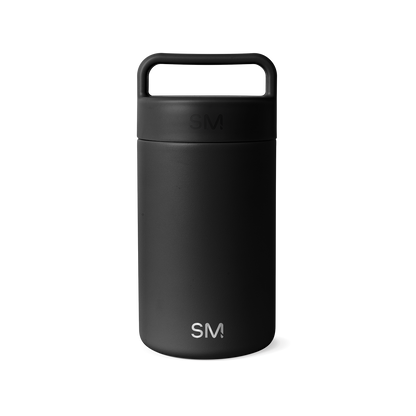 Matte black insulated drinkware vessel with lid and handle on white background