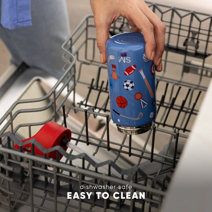 Blue insulated kids water bottle with sports pattern inside open dishwasher. Text reads "dishwasher safe" and "EASY TO CLEAN." Simple Modern brand drinkware designed for convenient cleaning.