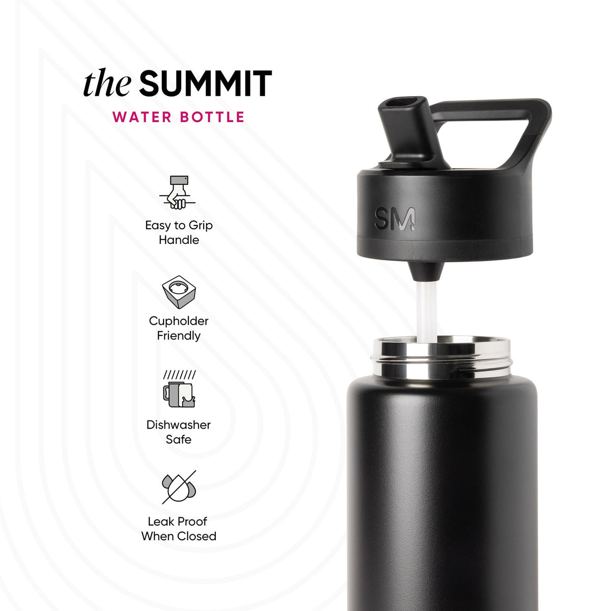 Simple Modern Summit water bottle in matte black with silver accents, shown with removable lid and handle. Features icons highlighting easy grip handle, cupholder friendly, dishwasher safe, and leak proof design.