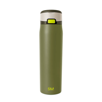 Sage green and cream cylindrical water bottle with dark olive cap on white background