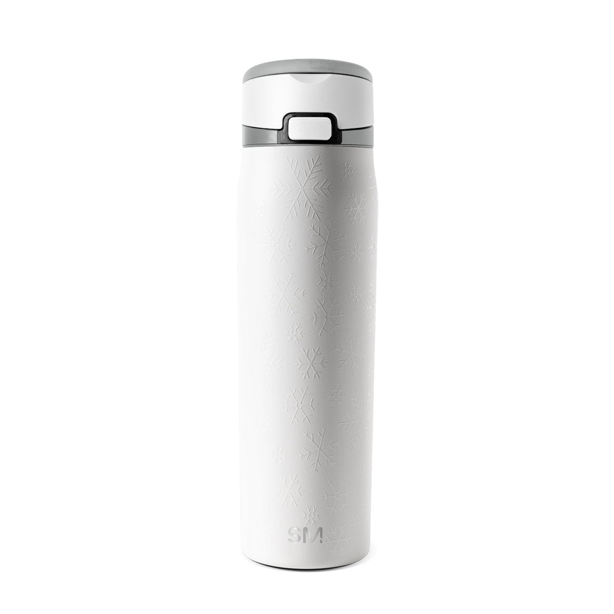 White insulated tumbler with gray lid trim and accent band on clean white background
