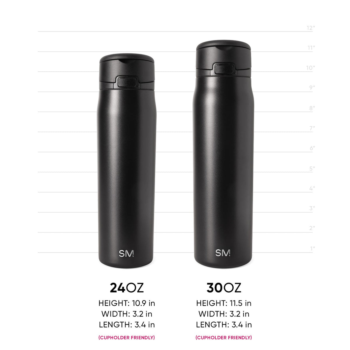 Two Simple Modern insulated water bottles in charcoal black shown side-by-side for size comparison. Left: 24OZ bottle. Right: 30OZ bottle. Both feature identical design with push-button caps and SM logo. Measurement scale
