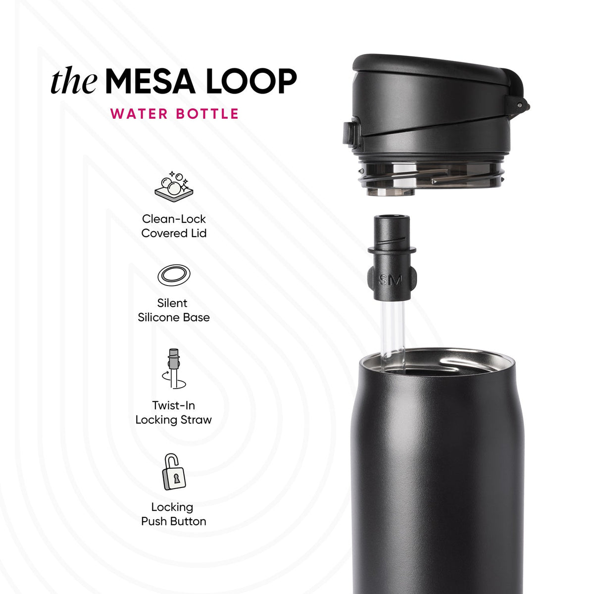 Black Mesa Loop water bottle by Simple Modern with assembled and disassembled views showing straw mechanism, lid, and four feature icons: Clean-Lock Covered Lid, Silent Silicone Base, Twist-In Locking Straw, and Locking Push