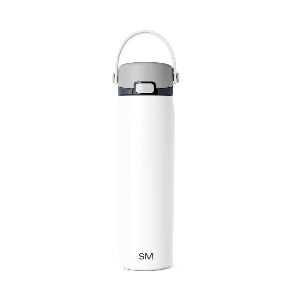 White water bottle with soft gray lid and carrying handle on light gray background
