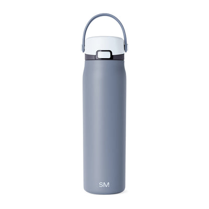Slate blue water bottle with white lid and dark gray accents, featuring a modern design with curved contours and secure cap closure.