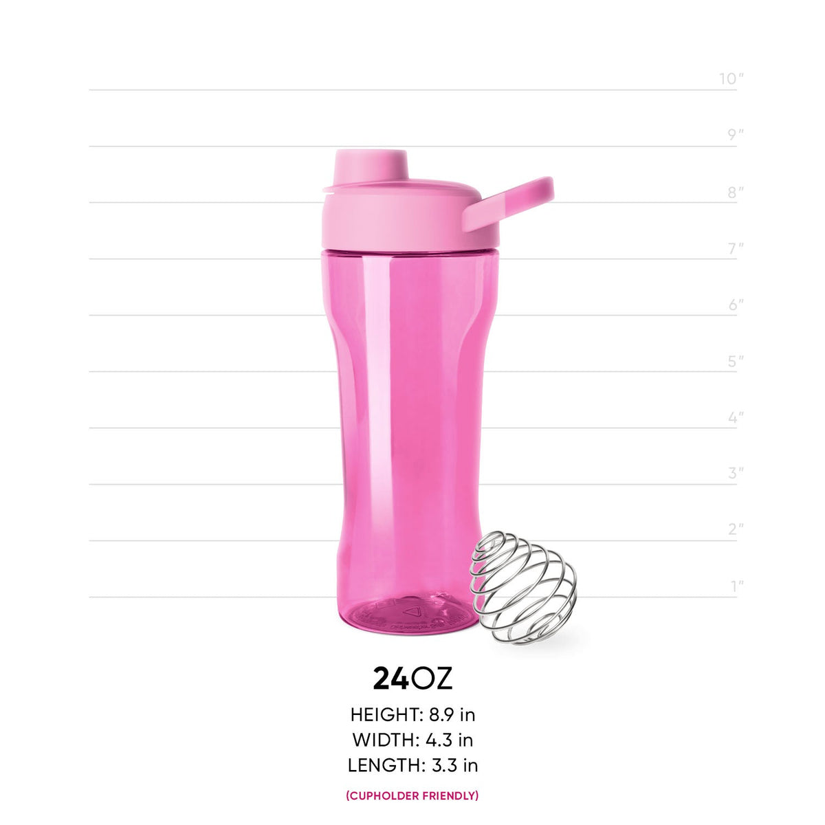 Bright pink translucent shaker bottle with magenta-colored cap and push-button top for mixing drinks or supplements.