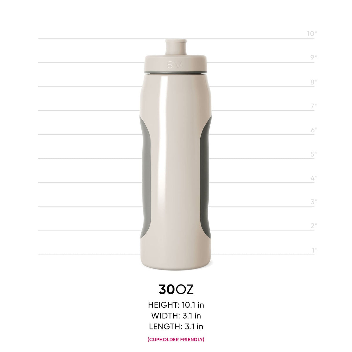 Cream-colored bottle with sage green side panels and dark gray band, product measurement view for RLY-SQZ-30-AMD-M model