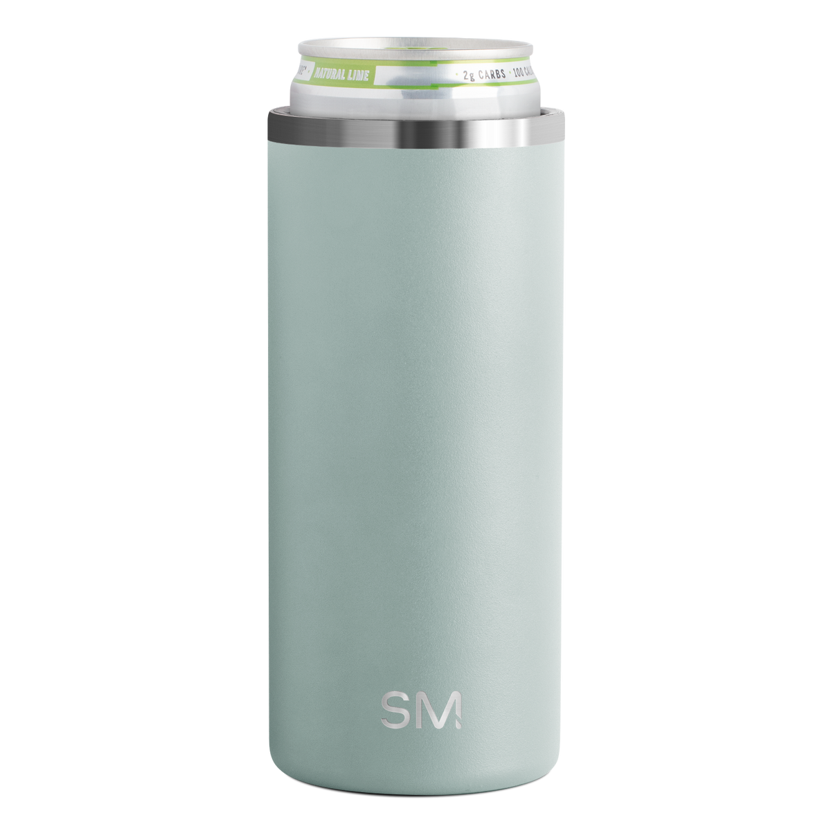 Slim cylindrical sage green neoprene can cooler with brushed stainless steel bands at top and bottom rims