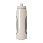 Cream-colored water bottle with sage gray grip panels and dark accents, shown against a neutral background