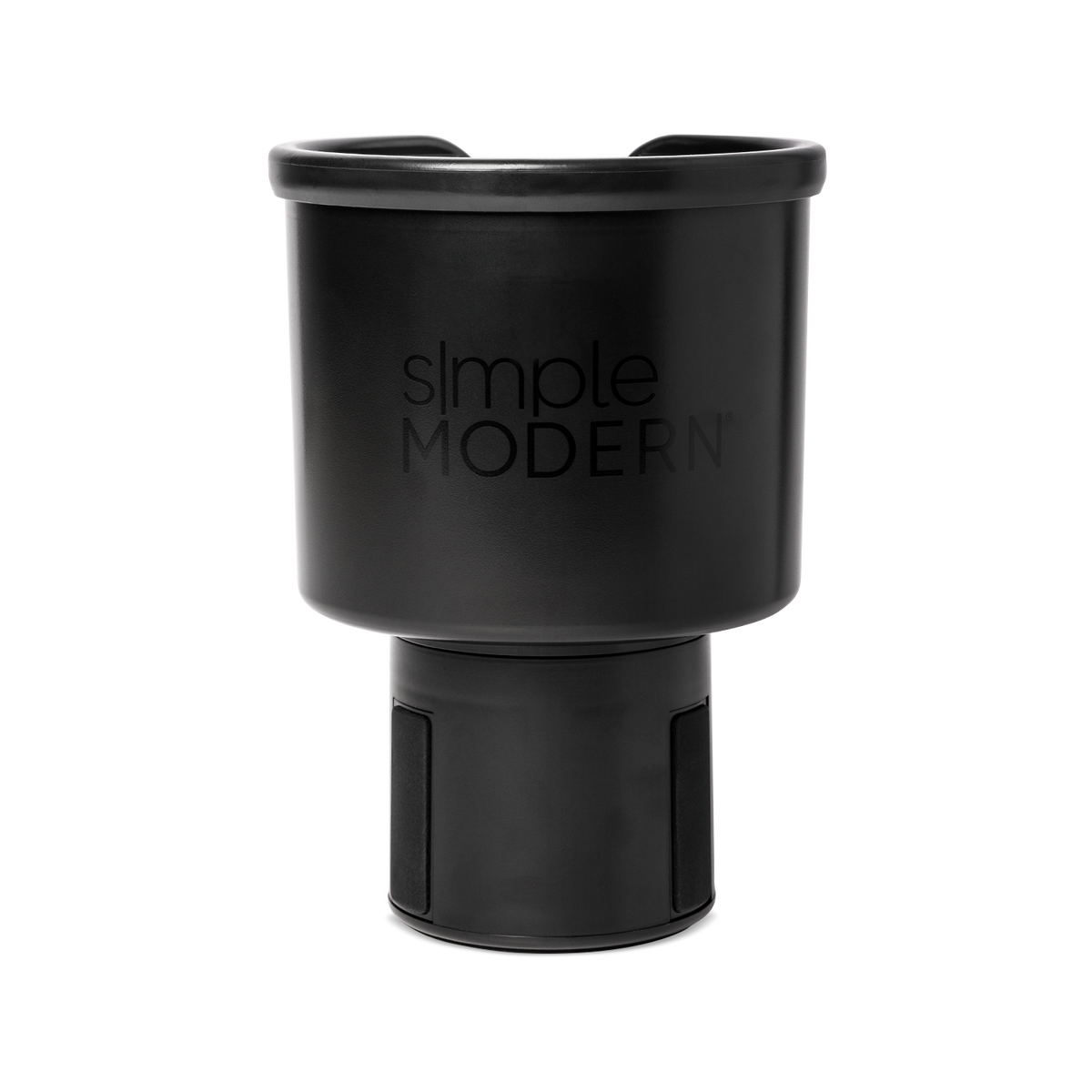 Black insulated travel mug with glossy rim and matte finish body, front view
