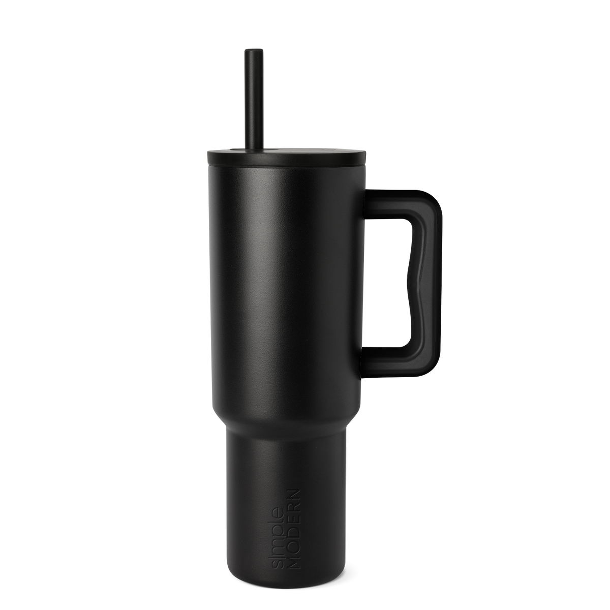 Matte black tumbler with gray tonal variations on white background