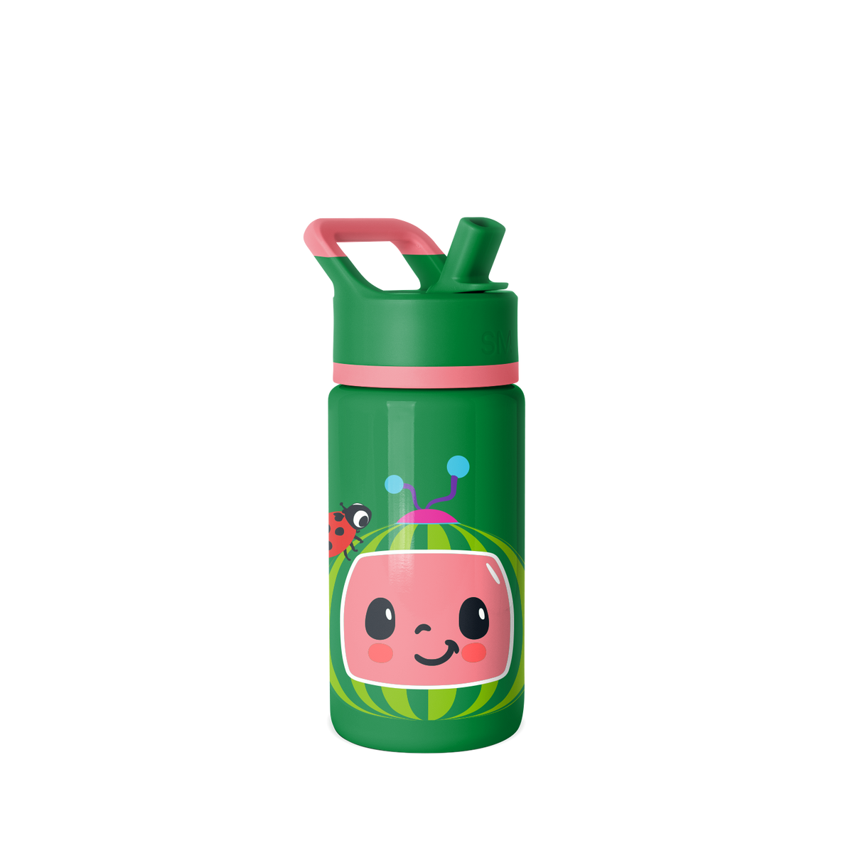 Kelly green water bottle with coral and hot pink character illustration featuring accents of light blue, yellow, and dark gray