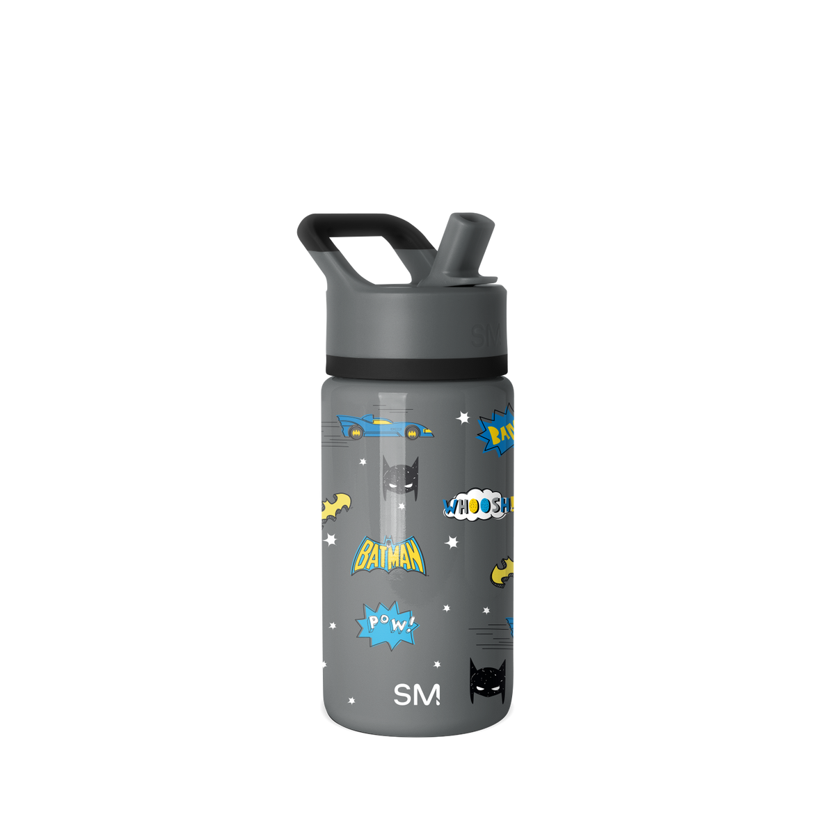 Charcoal gray water bottle with black lid and spout, featuring bright blue and vibrant graphic accents on the design.