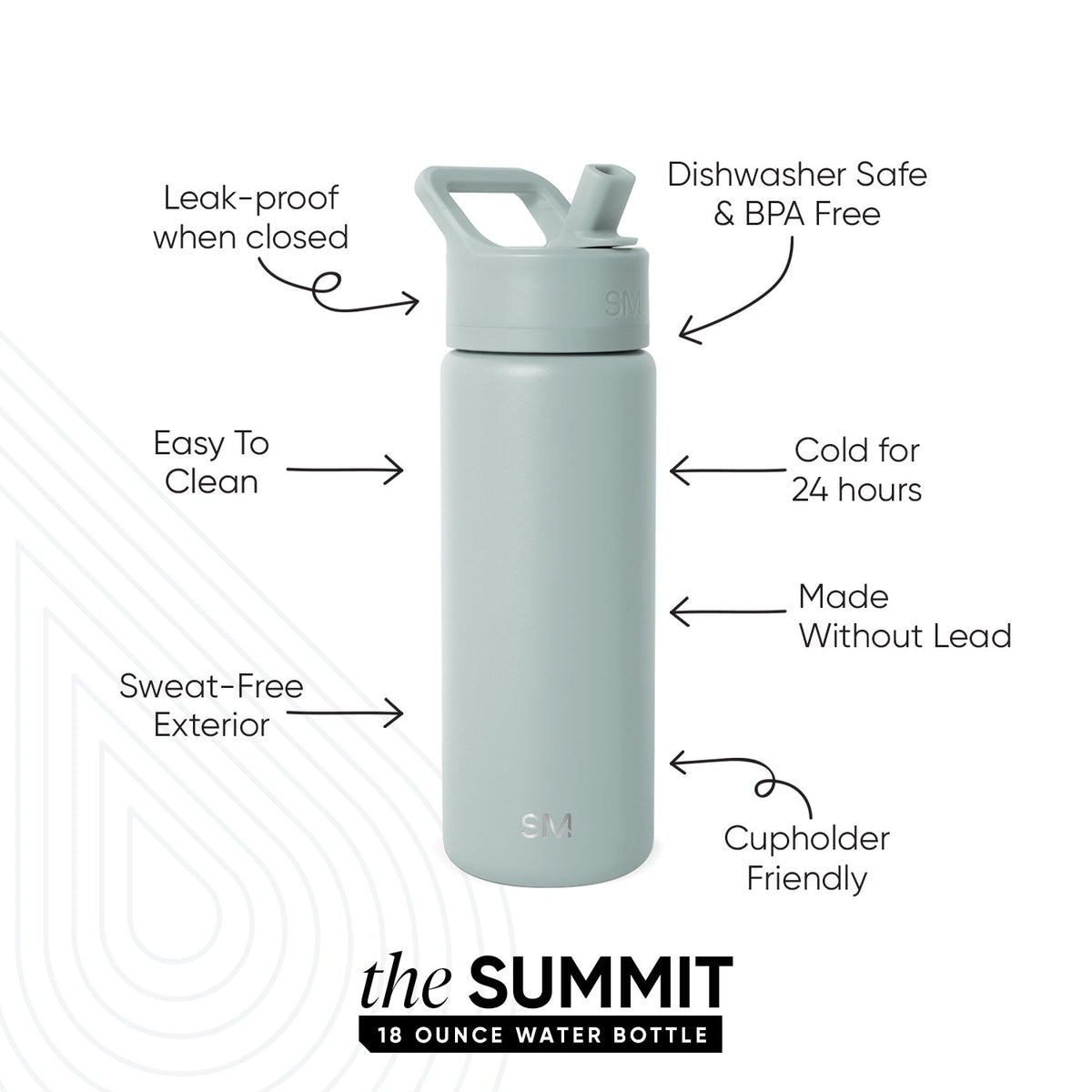 Sage green water bottle with white background featuring subtle light gray geometric wave patterns