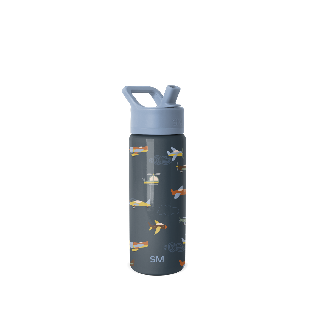 Dark charcoal gray water bottle with periwinkle blue cap and straw, decorated with colorful illustrated airplanes in yellow. Size small, model SM2-S-18-WU-M.