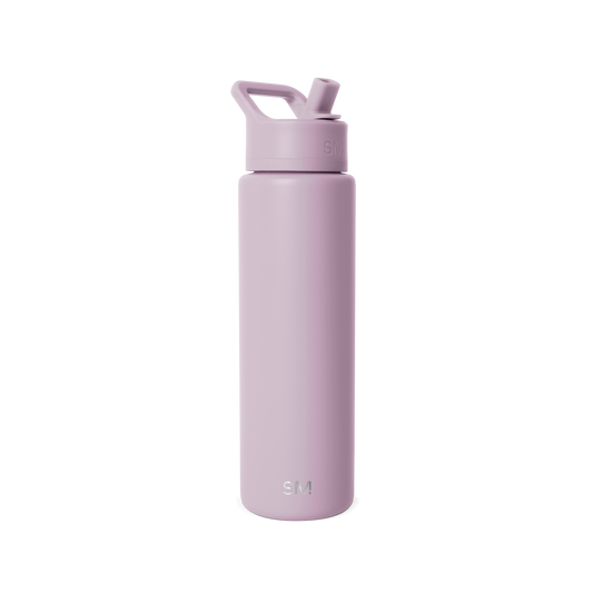 Soft mauve water bottle with matching pale purple lid on white background