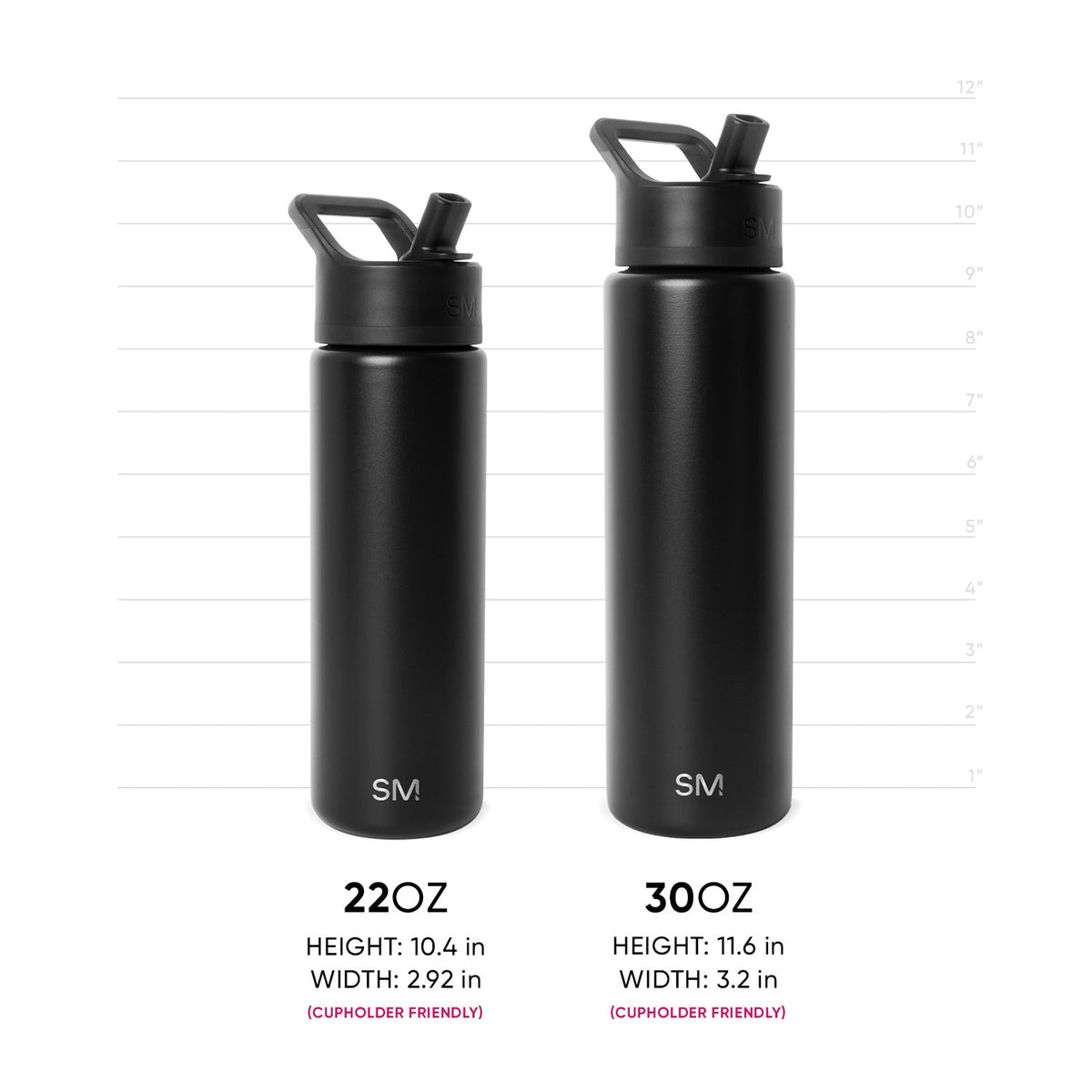 Two Simple Modern insulated water bottles in matte black positioned side by side for size comparison: 22oz bottle (10.4" tall, 2.92" wide) on left and 30oz bottle (11.6" tall, 3.2" wide) on right, with measurement scale and