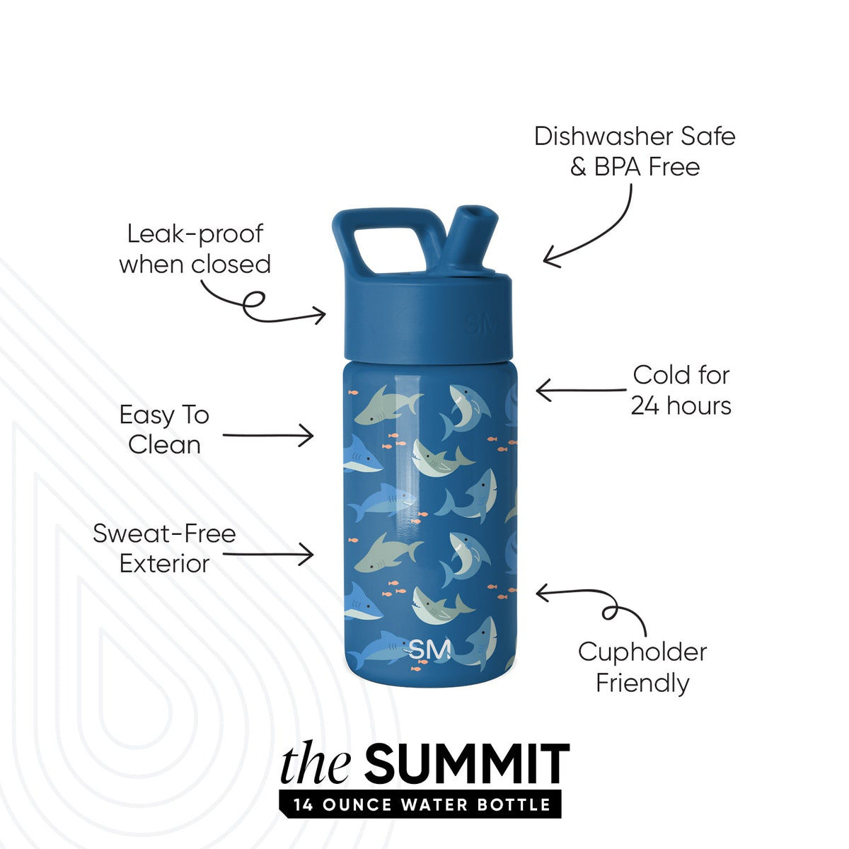 Simple Modern Summit 14-ounce water bottle with deep blue body featuring underwater shark and fish illustrations, navy cap with handle, labeled features including leak-proof, dishwasher safe, cold for 24 hours, sweat-free