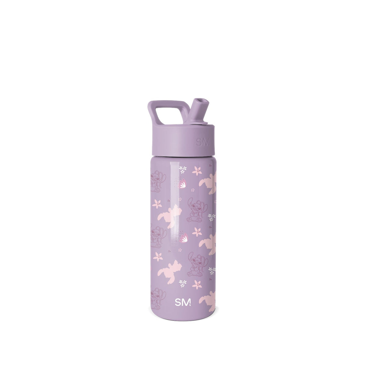 Dusty purple water bottle with carry handle and screw-top cap featuring cartoon bears, stars, and snowflakes. SM branding visible on lid and body.
