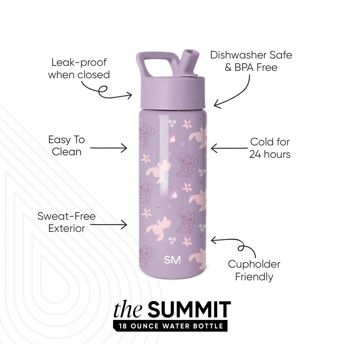 Simple Modern Summit 18 oz water bottle in mauve purple with woodland and celestial pattern. Features leak-proof design, dishwasher safe, keeps drinks cold 24 hours, cupholder friendly, and sweat-free exterior.