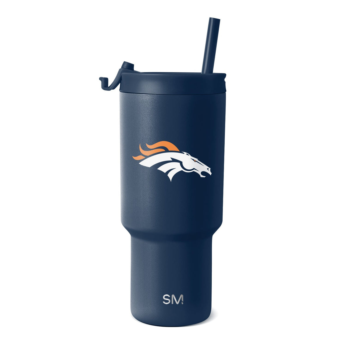 Navy blue matte tumbler with orange and white logo design accents