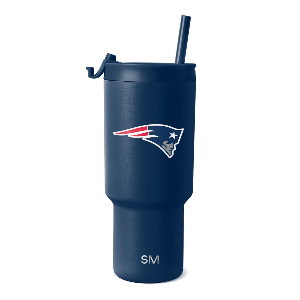 Deep navy blue tumbler with New England Patriots logo featuring red, white, and gray accents, and SM branding visible on the side.