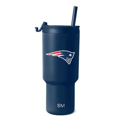 Deep navy blue tumbler with New England Patriots logo featuring red, white, and gray accents, and SM branding visible on the side.