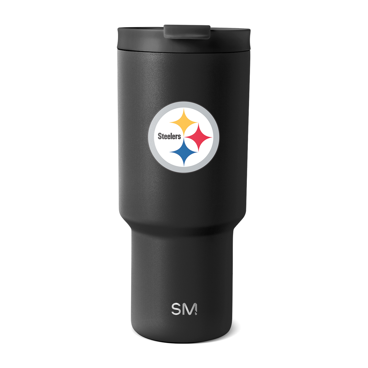 Matte black Pittsburgh Steelers drinkware featuring the team's logo with gold, red, and navy blue four-pointed star design.