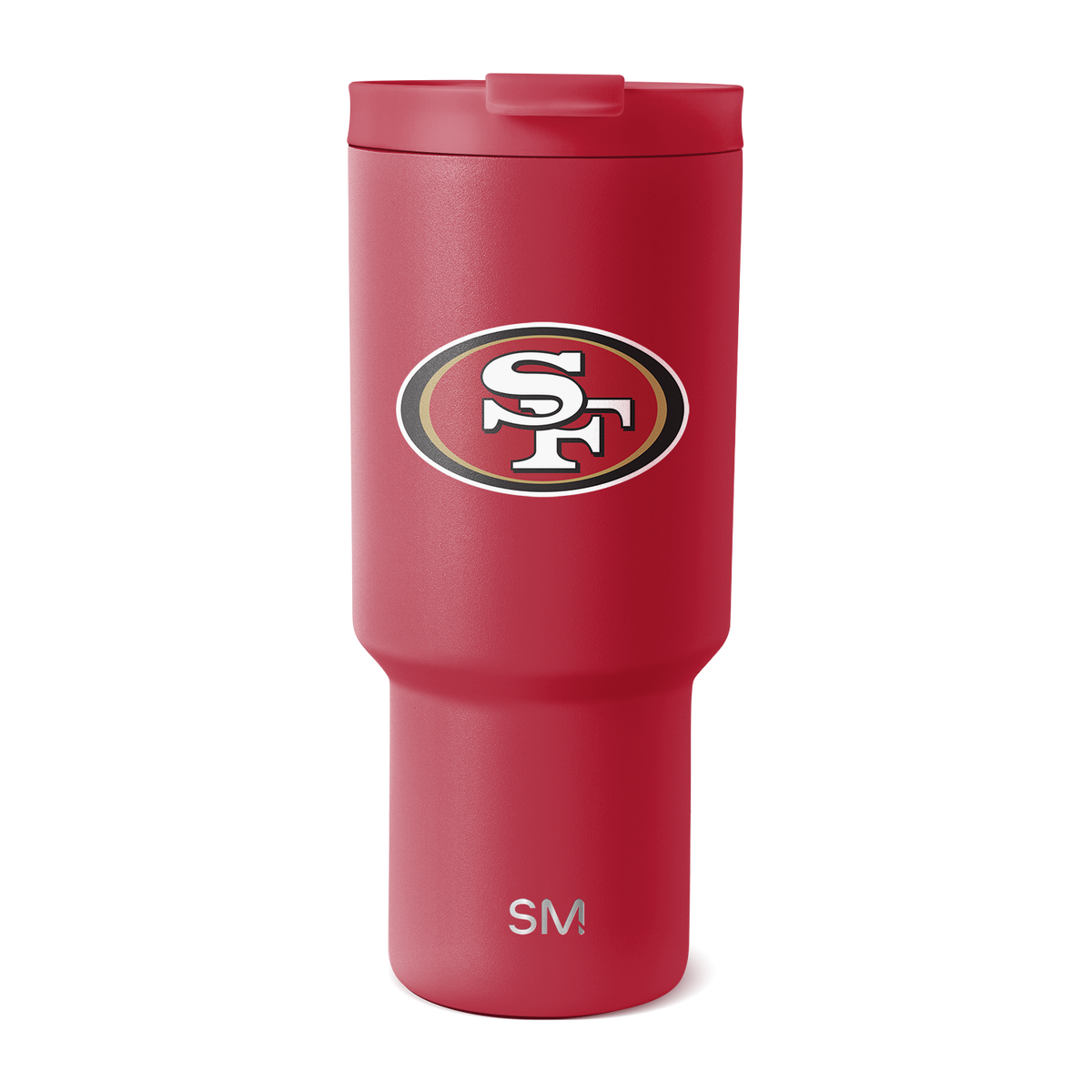 Bold red-pink insulated drinkware with white and metallic silver-gray logo accents
