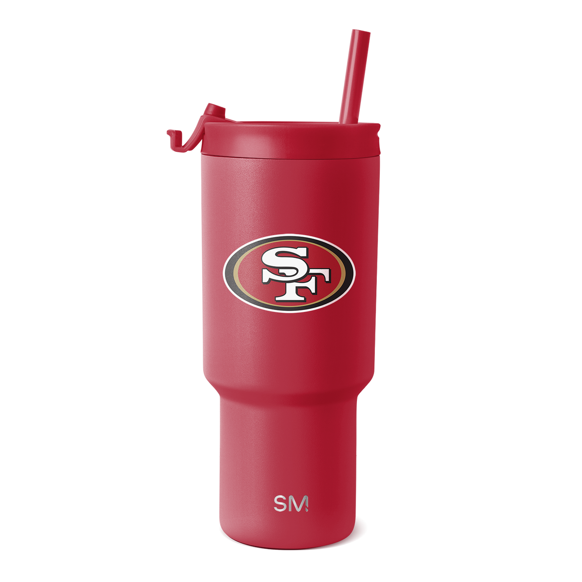 Red tumbler with matching lid, handle, and straw on white background