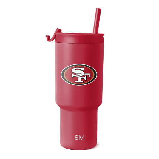Red tumbler with matching lid, handle, and straw on white background
