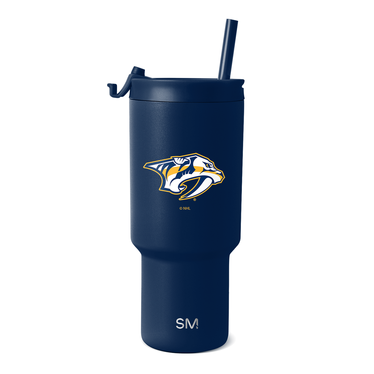 Deep navy blue insulated tumbler with navy lid and tapered base, shown against white background