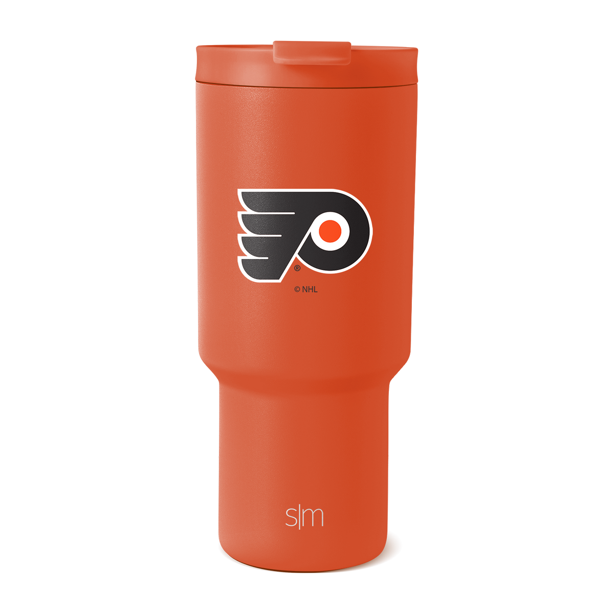 Burnt orange tumbler with matching darker orange-red lid, Philadelphia design