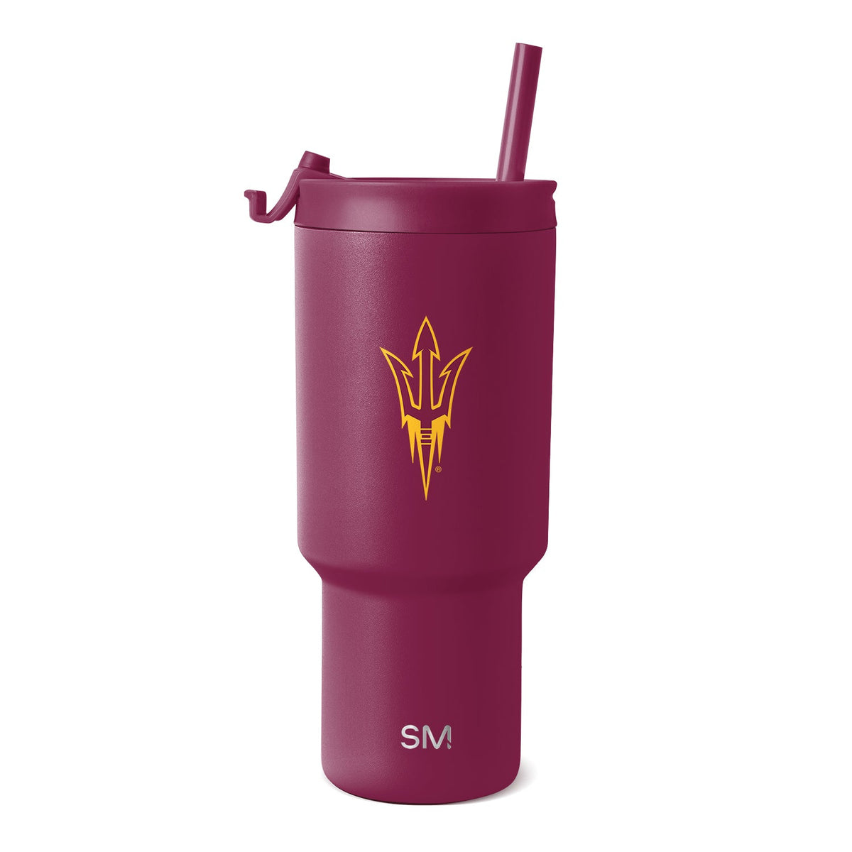 Burgundy wine-red tumbler with matte texture and gold accent logo graphics