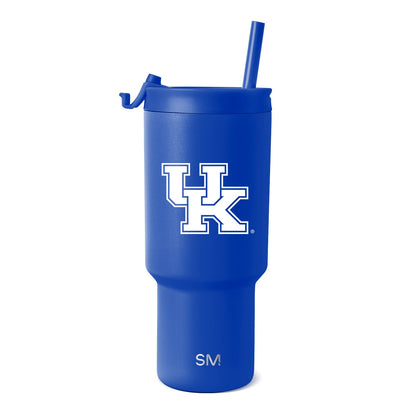 Cobalt blue insulated tumbler with cylindrical body and tapered base on white background